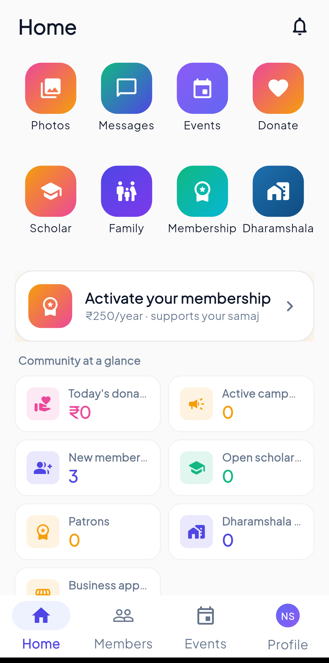 Samaj app — home screen